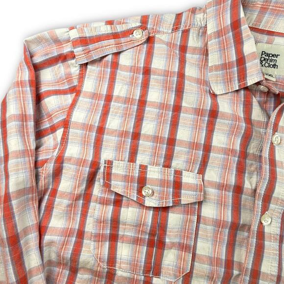 Paper Denim Cloth Red Orange Plaid Utility Button Up Work Shirt Long Sleeve 2XL - Picture 3 of 7